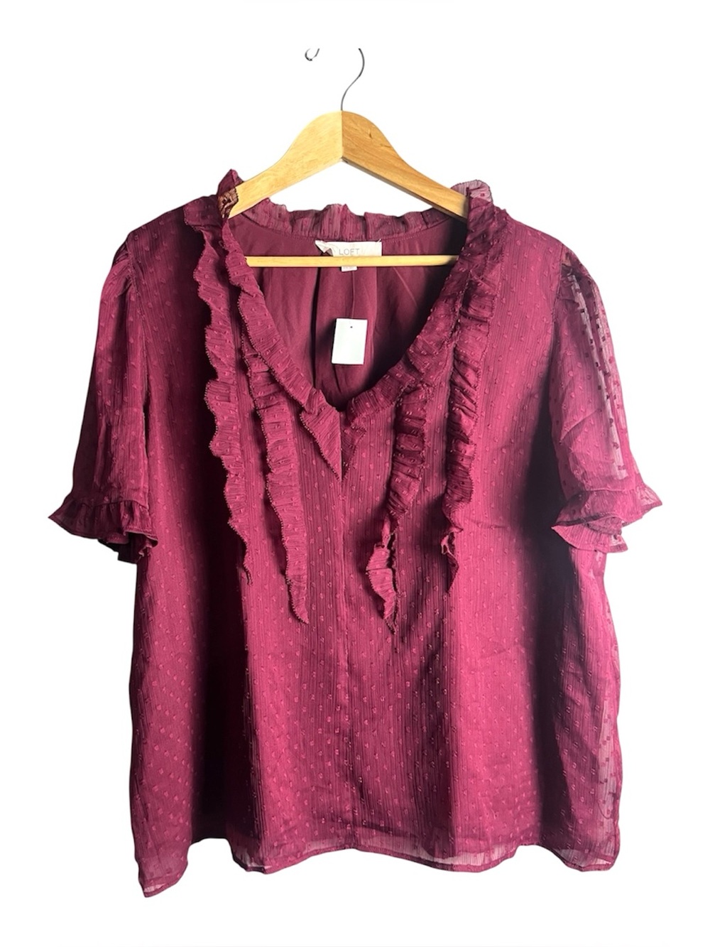 LOFT Burgundy Clip Dot Ruffle V-Neck Blouse NWT Size XXL